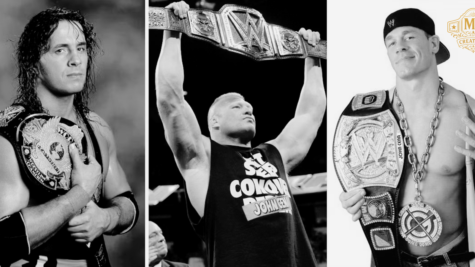 A collage featuring iconic champions like Bret Hart, Brock Lesnar, and John Cena holding various replica wrestling belts, showcasing the diverse options for collectors.