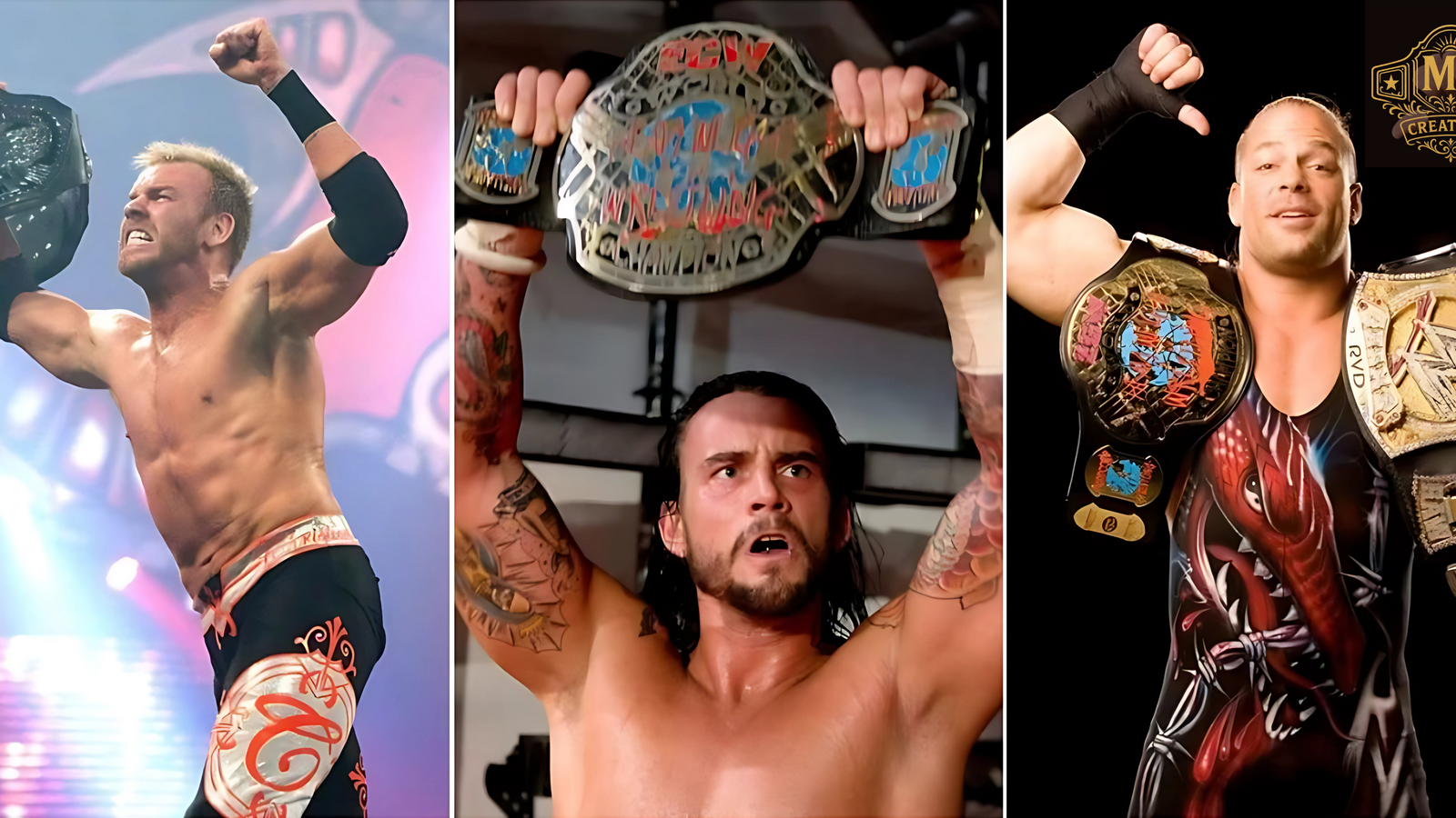 A collage of legendary ECW wrestlers including Christian Cage, CM Punk, and Rob Van Dam proudly holding the ECW Championship belt.