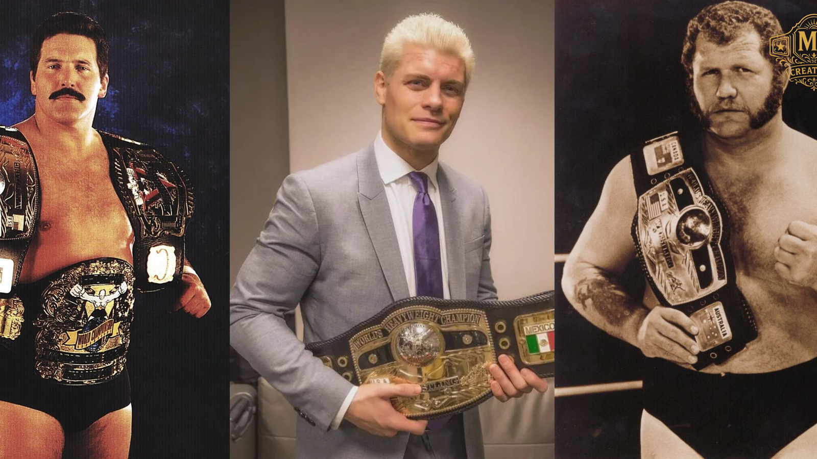 A group of NWA champions such as Barry Windham, Cody Rhodes, and Harley Race posing with their classic NWA title belts.