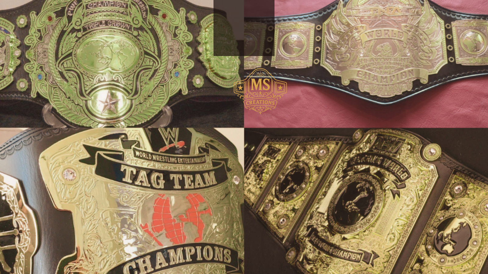 A collage of different championship belt designs, including the WWE World Heavyweight Championship, WWE Tag Team Championship, and Triple Crown Championship.