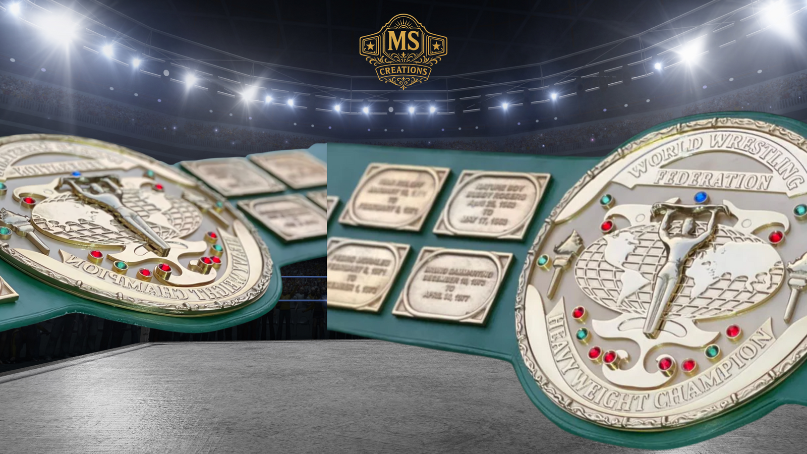 A custom wrestling championship belt, specifically the World Wrestling Federation Heavyweight Champion belt, displayed in a wrestling arena setting.