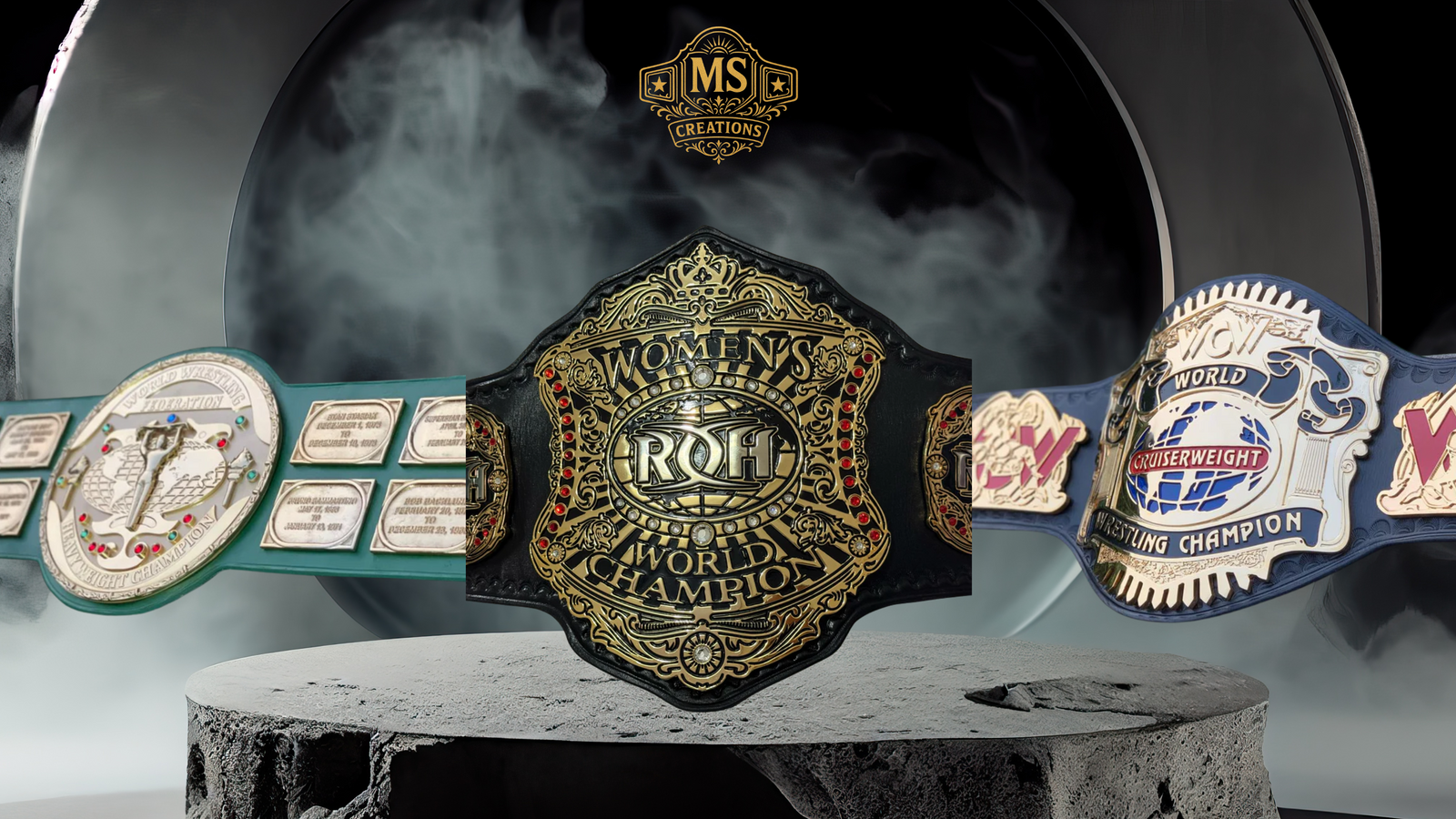 A collection of three detailed wrestling belts on display, perfect for collectors and fans.