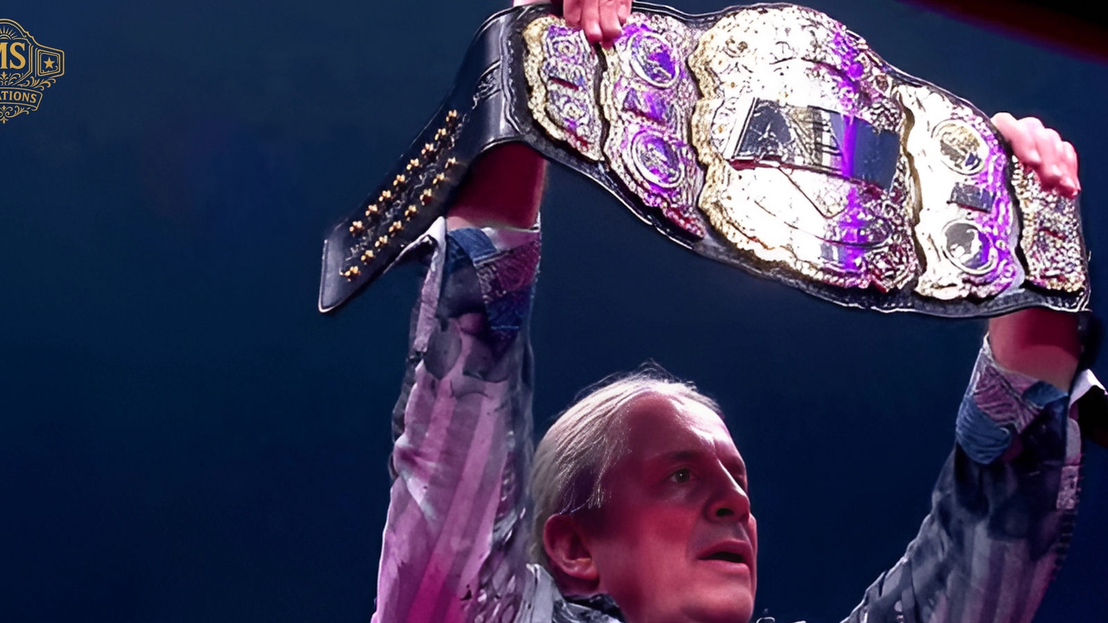 The legendary wrestler Ric Flair raising the AEW Championship belt in victory in front of a crowd.