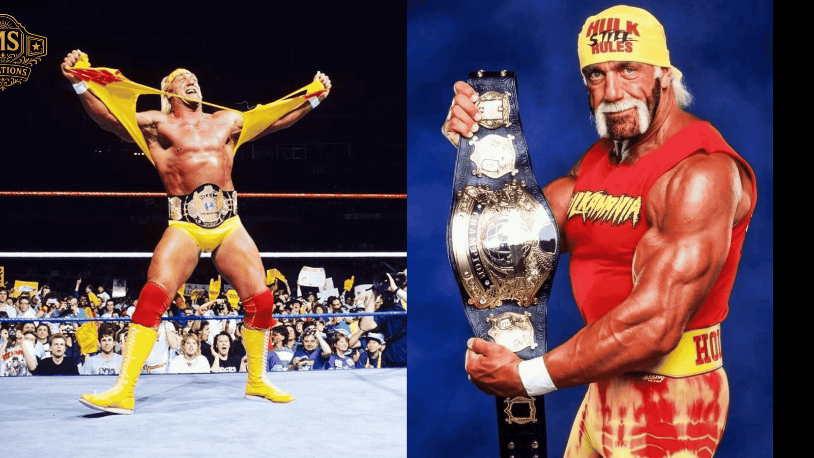 Hulk Hogan showing off a classic WWF championship belt replica.