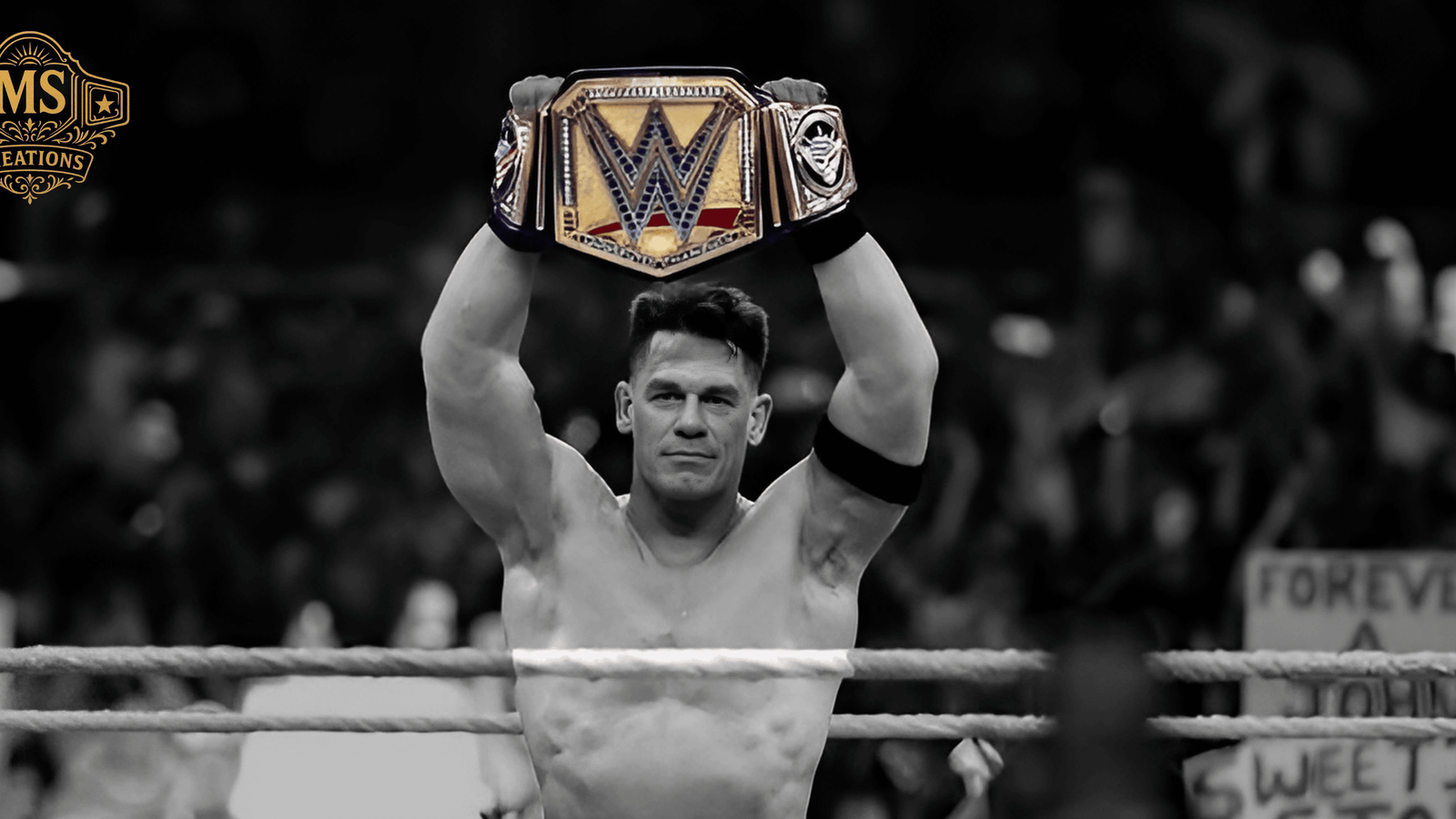 John Cena proudly holding a WWE replica belt in a wrestling ring.