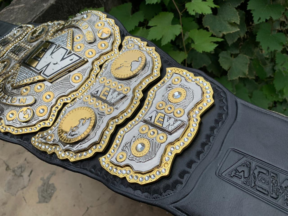 AEW World Title replica belt, side plate and strap close-up, photo 10