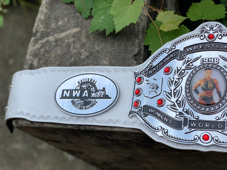NWA World Women's Championship replica belt, main plate close-up