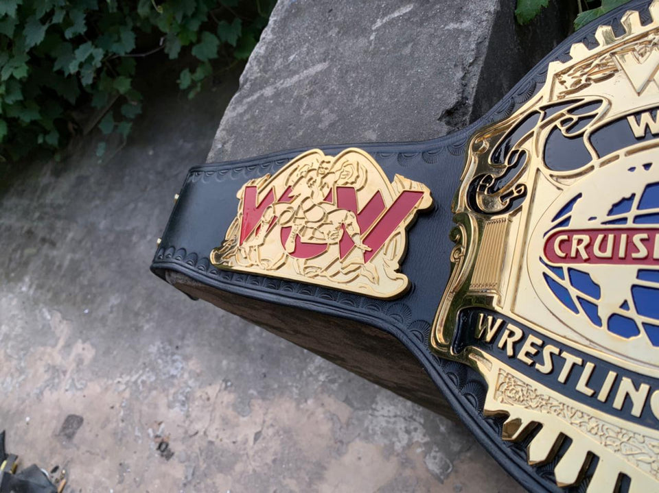 WCW Cruiserweight Championship replica belt, side plate and centre plate close-up