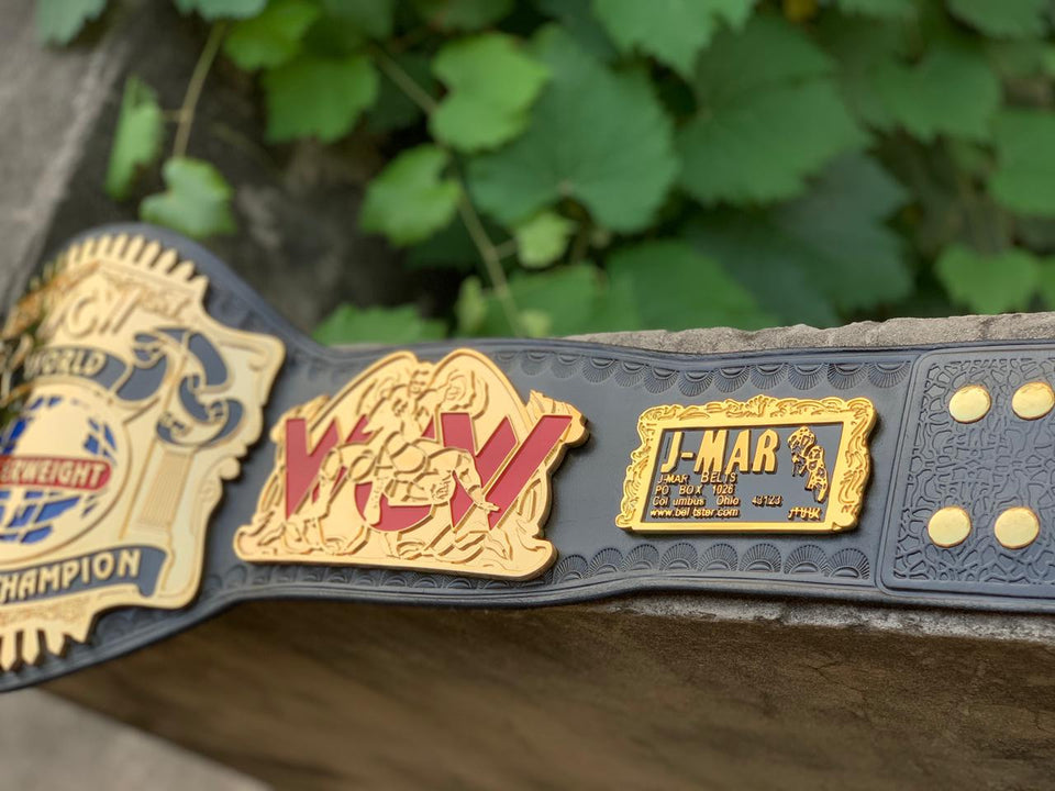 WCW Cruiserweight Championship replica belt, side plate and strap end close-up