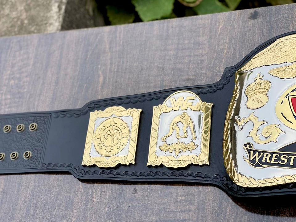 WWF World Tag Team Silver and Gold Championship replica belt, side plates and strap eyelets close-up