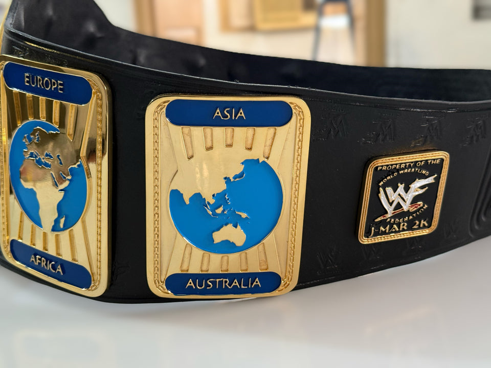 WWF Intercontinental Oval Globe Championship replica belt, Europe, Asia and Australia side plates with strap plate