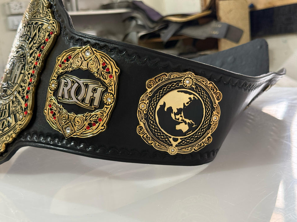 ROH Women's World Championship replica belt, side plates close-up