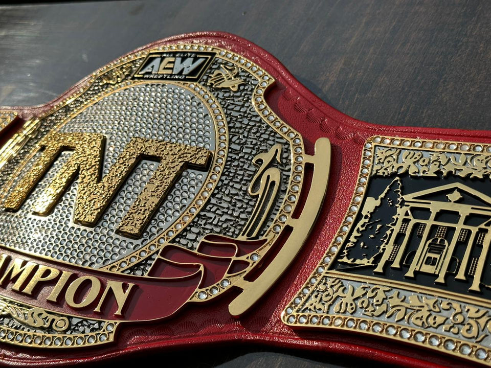 AEW TNT Championship (Red Strap) replica belt, centre plate close-up, photo 5