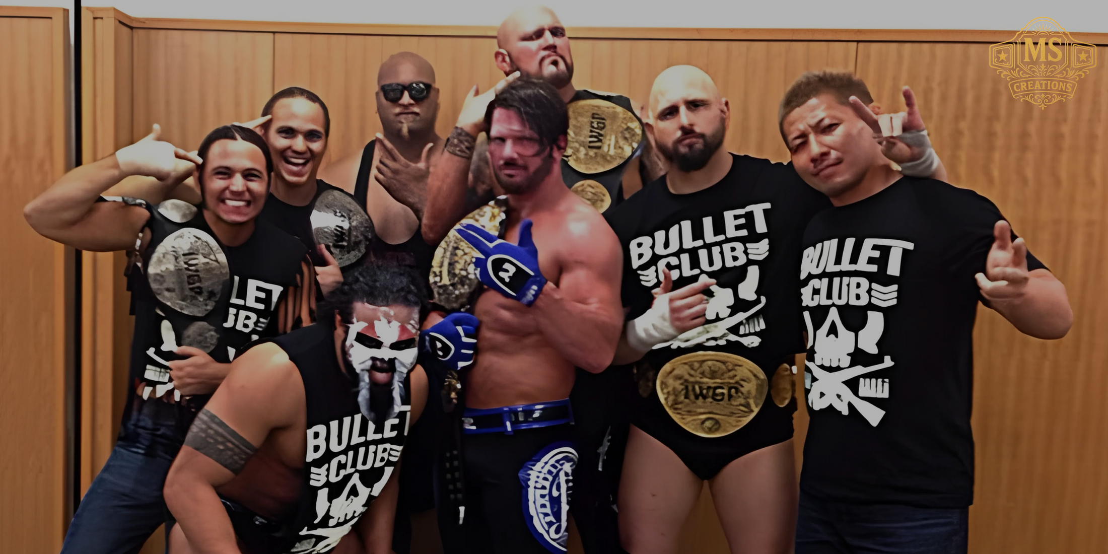 The Bullet Club faction posing with multiple titles, including the prestigious IWGP Heavyweight Championship.