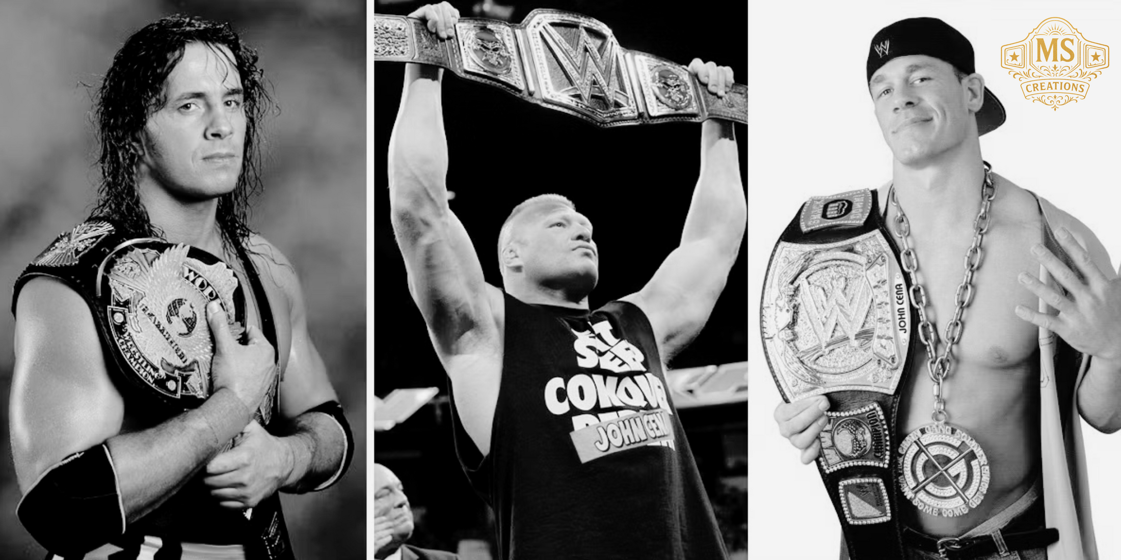 A collage featuring iconic champions like Bret Hart, Brock Lesnar, and John Cena holding various replica wrestling belts, showcasing the diverse options for collectors.