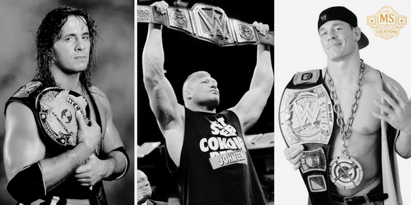 A collage featuring iconic champions like Bret Hart, Brock Lesnar, and John Cena holding various replica wrestling belts, showcasing the diverse options for collectors.