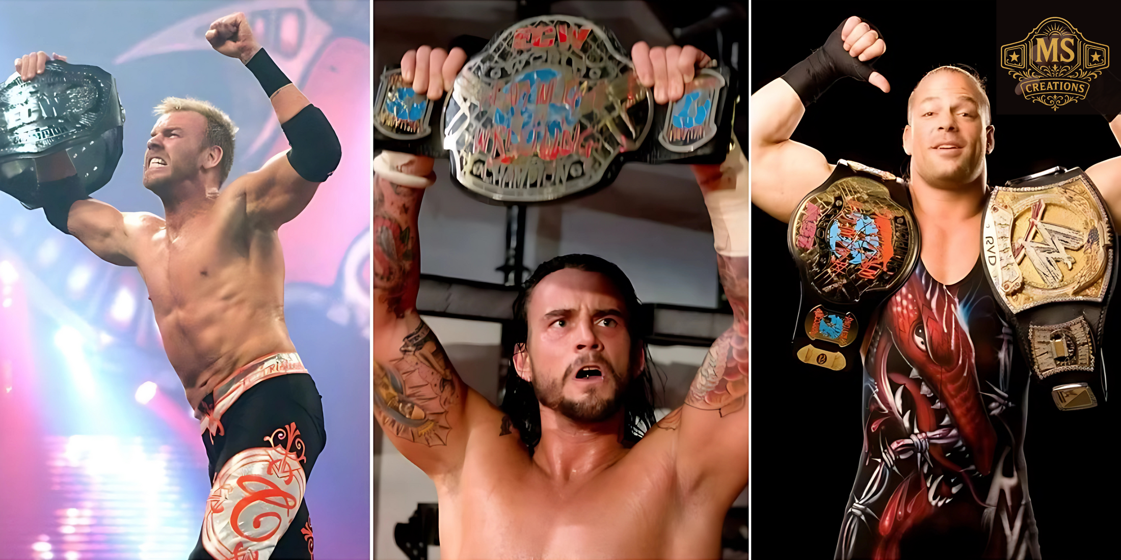 A collage of legendary ECW wrestlers including Christian Cage, CM Punk, and Rob Van Dam proudly holding the ECW Championship belt.