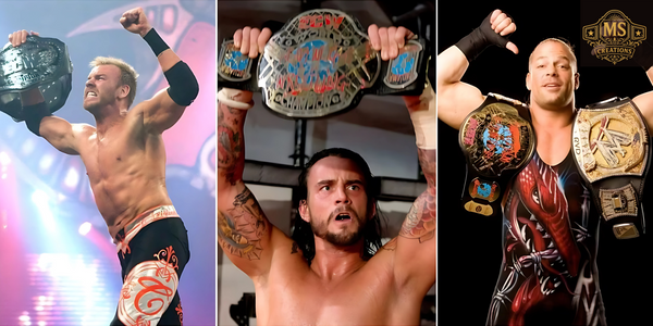 A collage of legendary ECW wrestlers including Christian Cage, CM Punk, and Rob Van Dam proudly holding the ECW Championship belt.