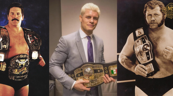 A group of NWA champions such as Barry Windham, Cody Rhodes, and Harley Race posing with their classic NWA title belts.