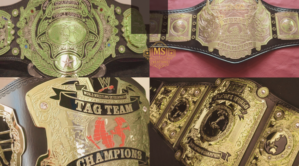 A collage of different championship belt designs, including the WWE World Heavyweight Championship, WWE Tag Team Championship, and Triple Crown Championship.