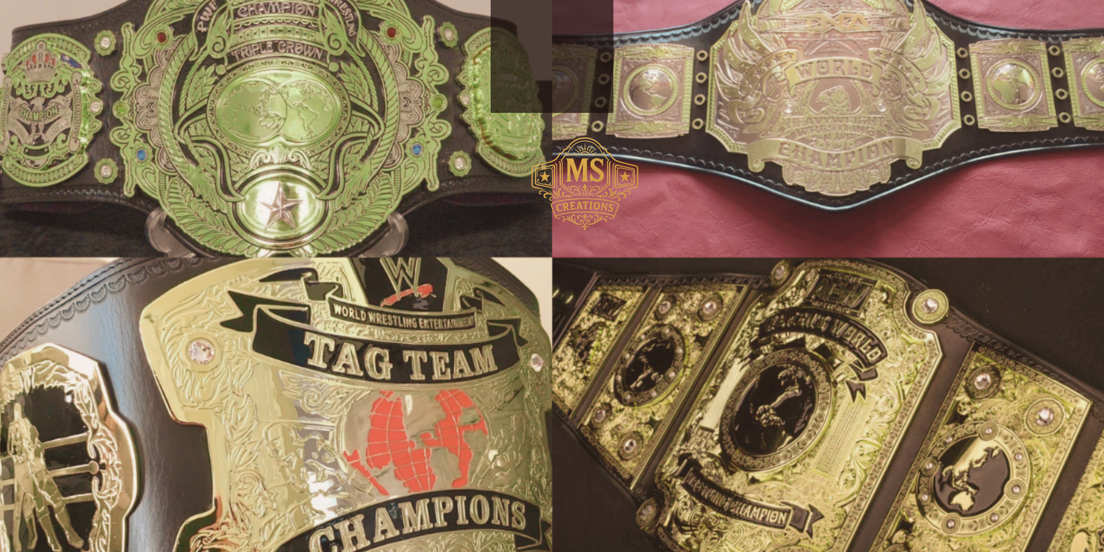 A collage of different championship belt designs, including the WWE World Heavyweight Championship, WWE Tag Team Championship, and Triple Crown Championship.