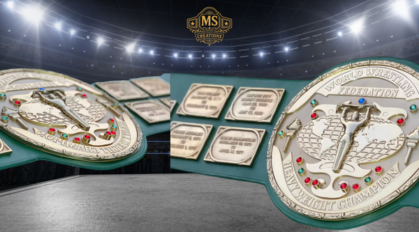 A custom wrestling championship belt, specifically the World Wrestling Federation Heavyweight Champion belt, displayed in a wrestling arena setting.