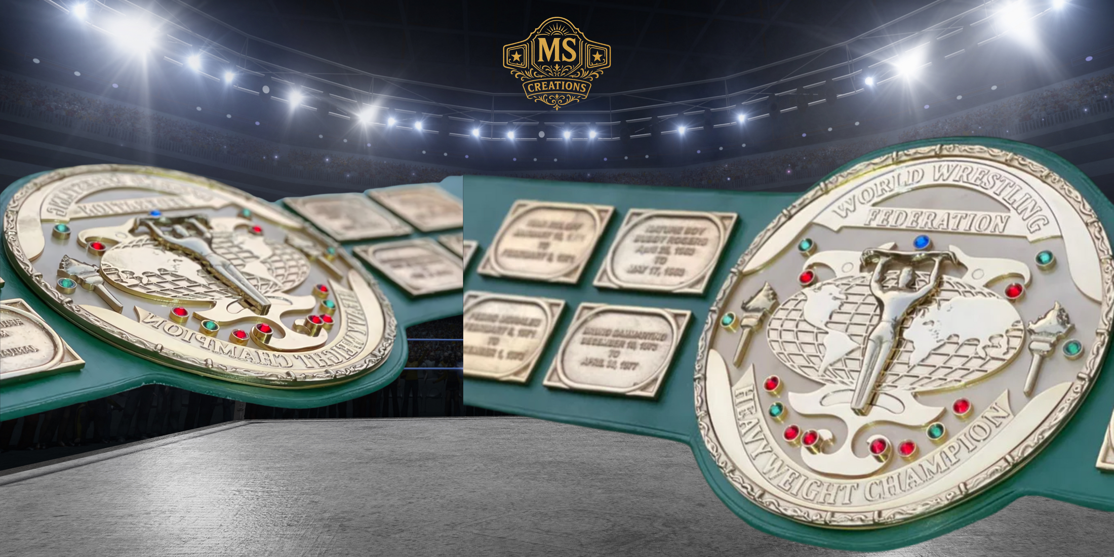 A custom wrestling championship belt, specifically the World Wrestling Federation Heavyweight Champion belt, displayed in a wrestling arena setting.