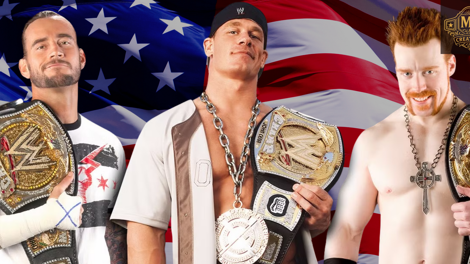 A composite image of WWE wrestlers CM Punk, John Cena, and Sheamus holding their championship belts in front of the American flag, representing the wwe belt united states.