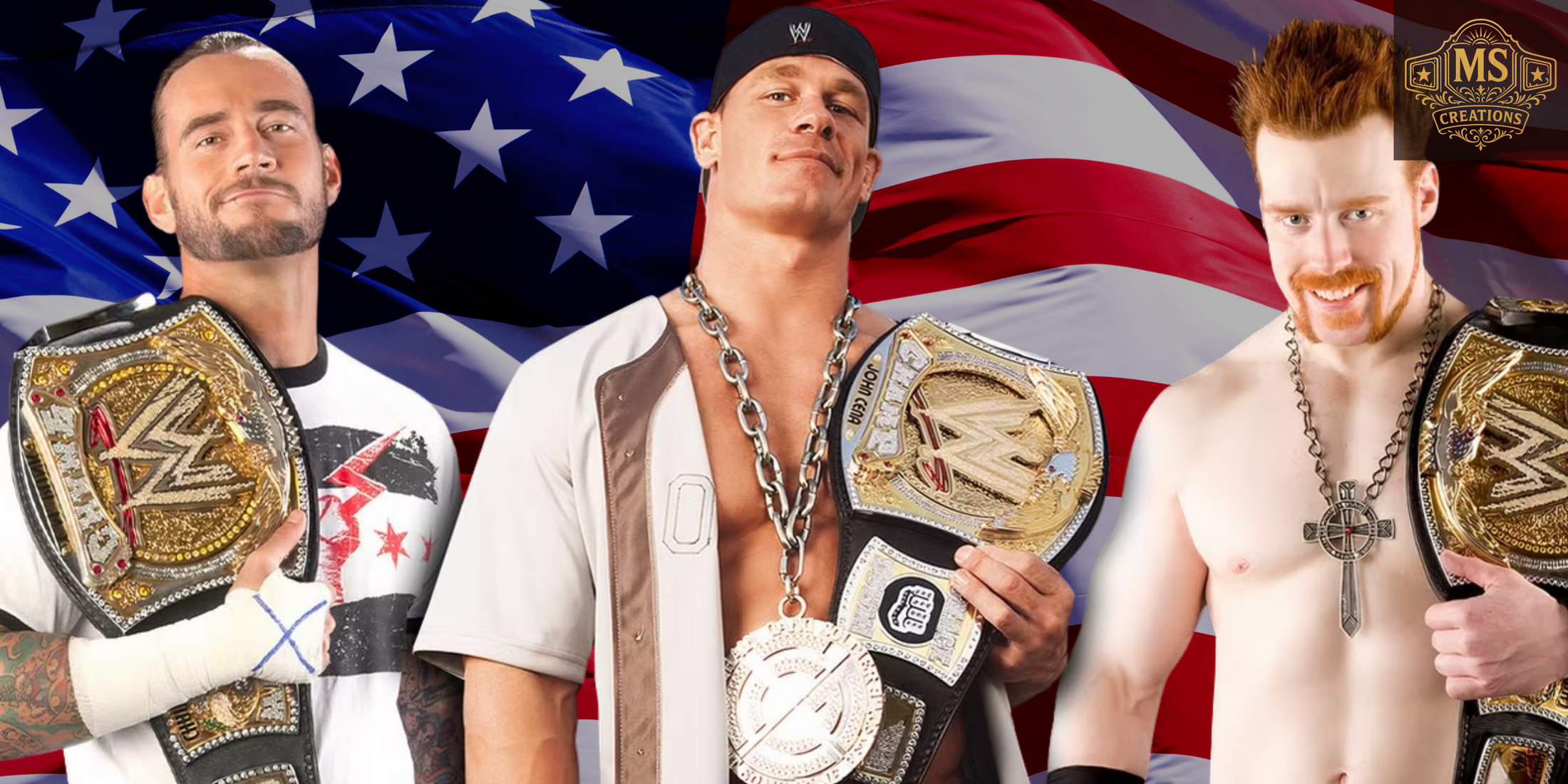 A composite image of WWE wrestlers CM Punk, John Cena, and Sheamus holding their championship belts in front of the American flag, representing the wwe belt united states.