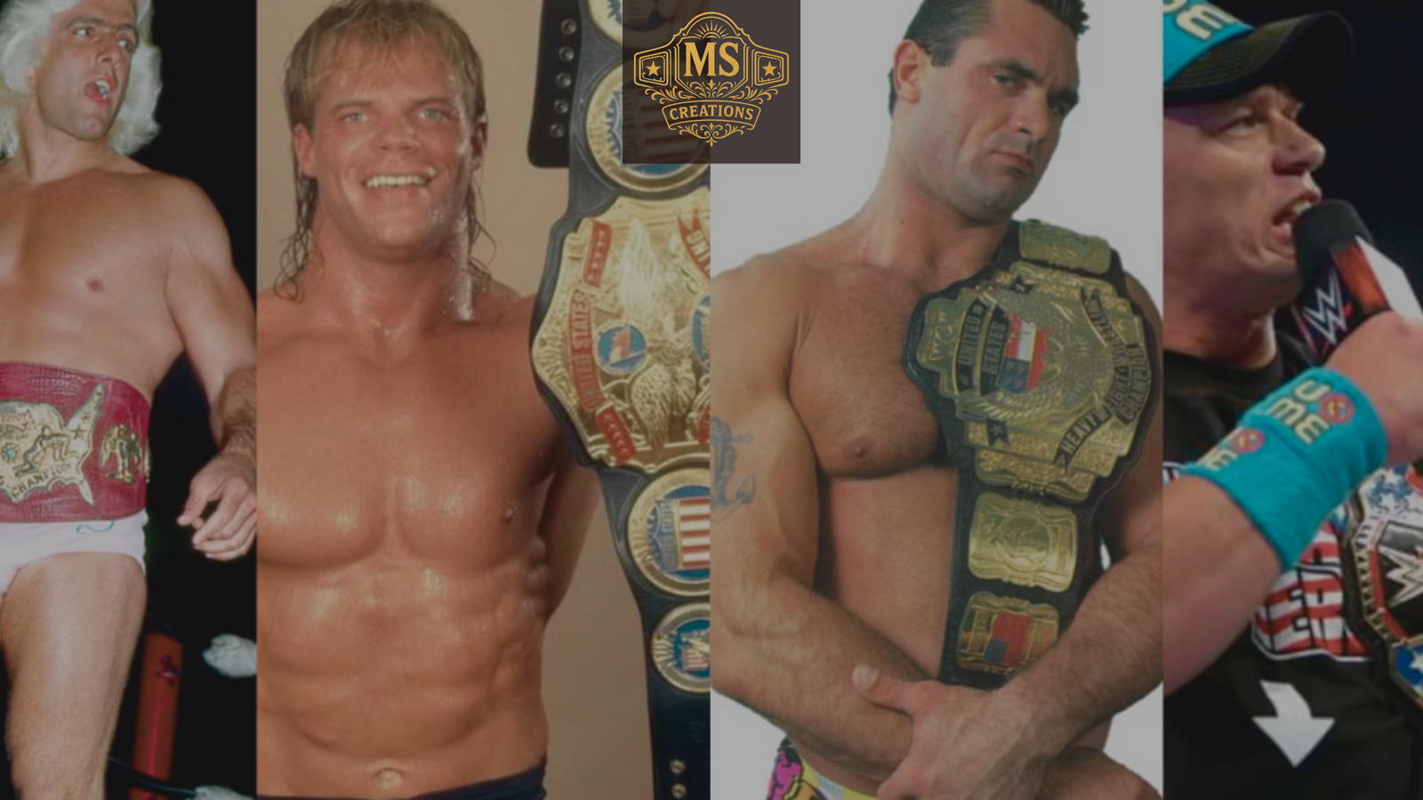 A collage of legendary wrestlers including Ric Flair, Lex Luger, and John Cena, each holding a version of the wwf united states championship belt.
