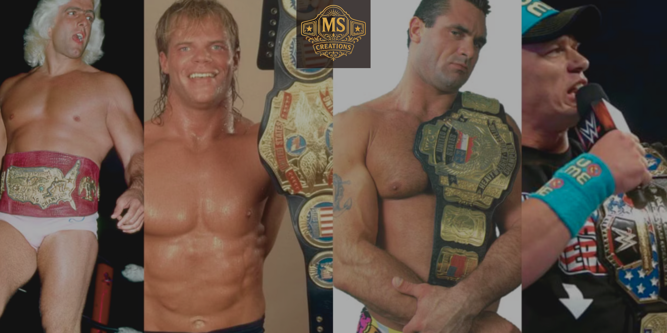 A collage of legendary wrestlers including Ric Flair, Lex Luger, and John Cena, each holding a version of the wwf united states championship belt.