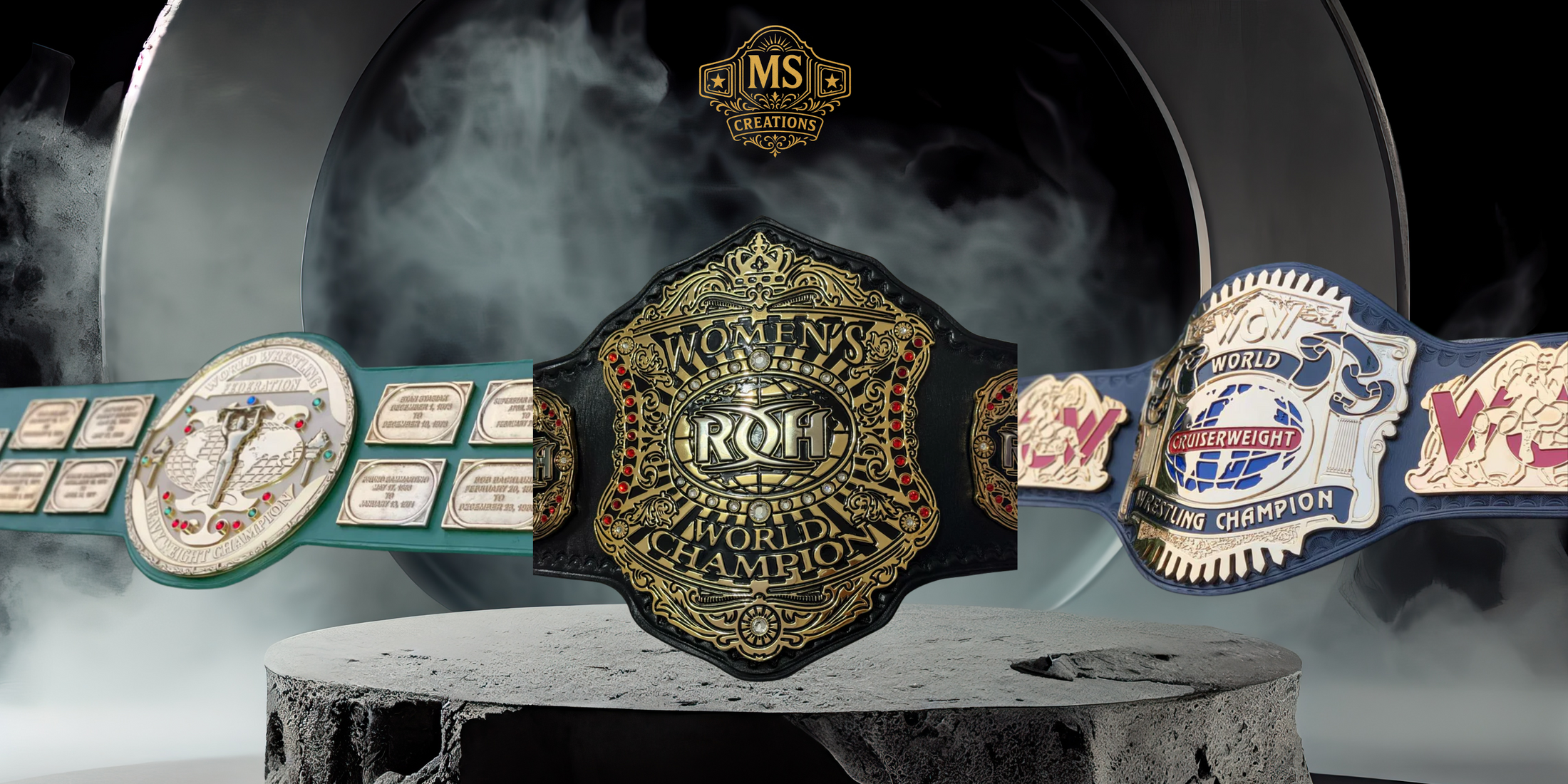 A collection of three detailed wrestling belts on display, perfect for collectors and fans.