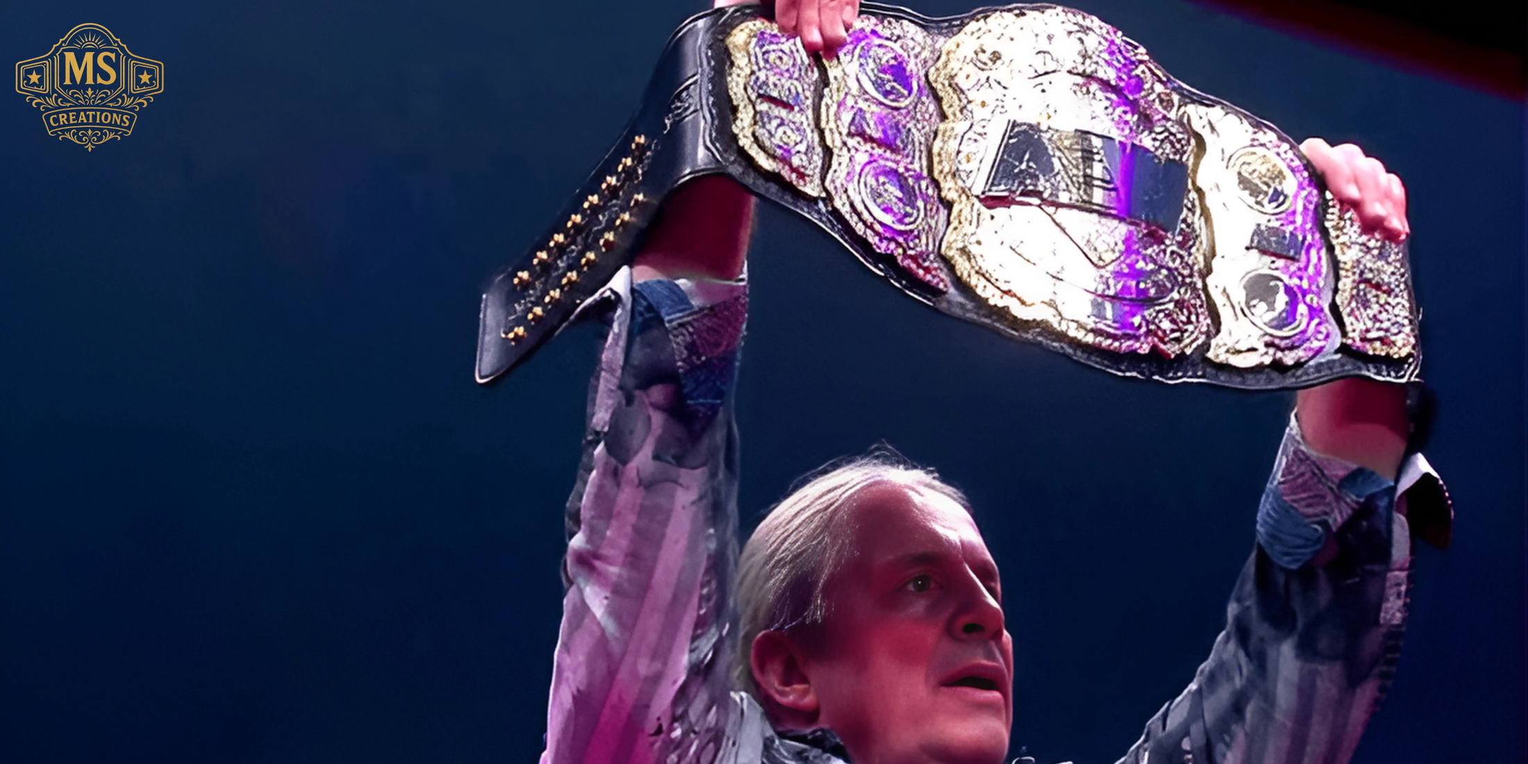 The legendary wrestler Ric Flair raising the AEW Championship belt in victory in front of a crowd.