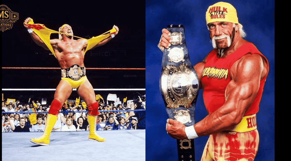 Hulk Hogan showing off a classic WWF championship belt replica.