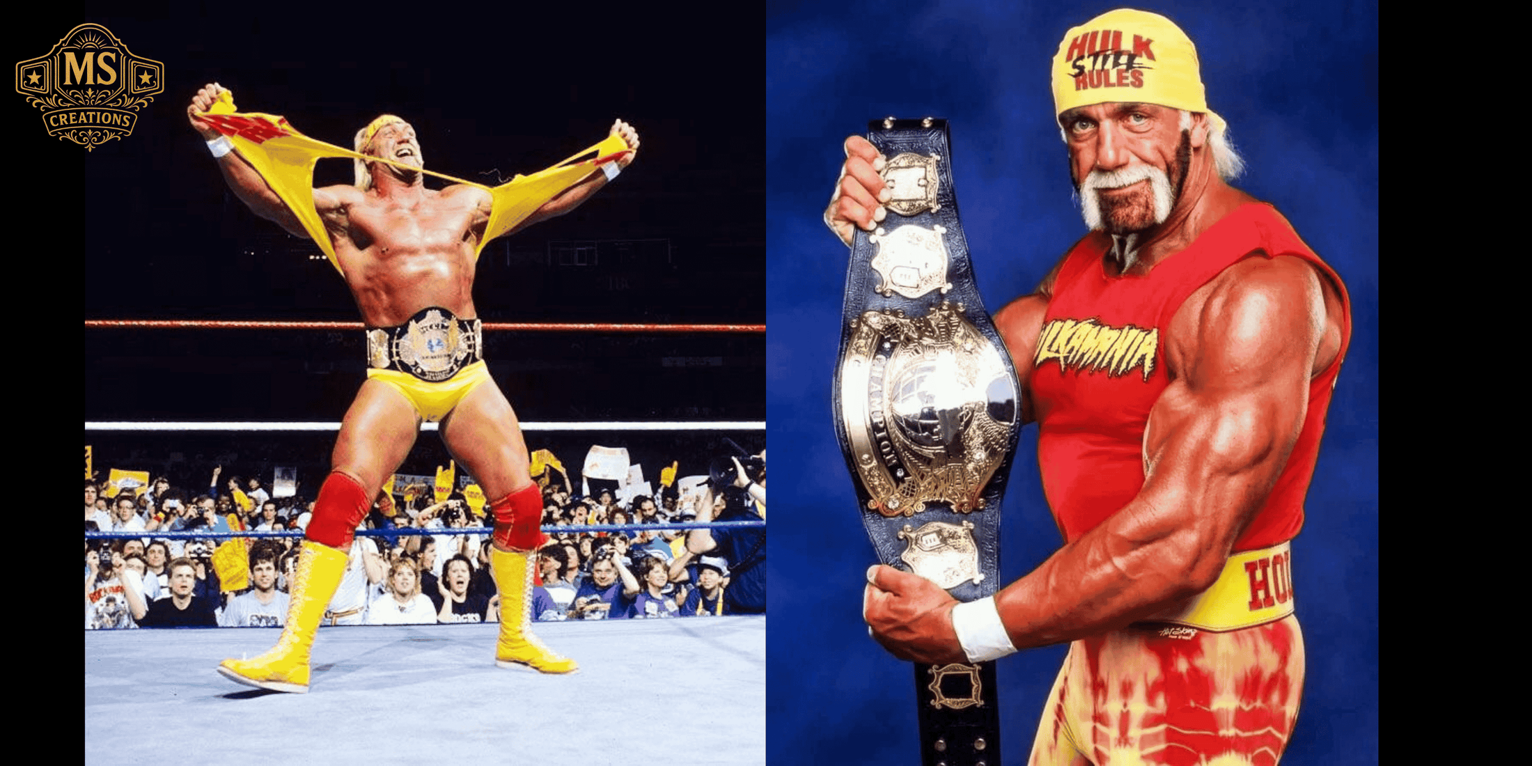 Hulk Hogan showing off a classic WWF championship belt replica.