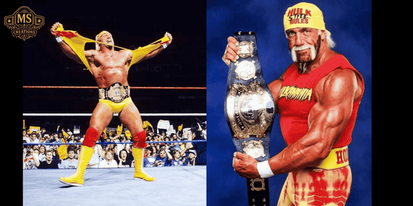Hulk Hogan showing off a classic WWF championship belt replica.