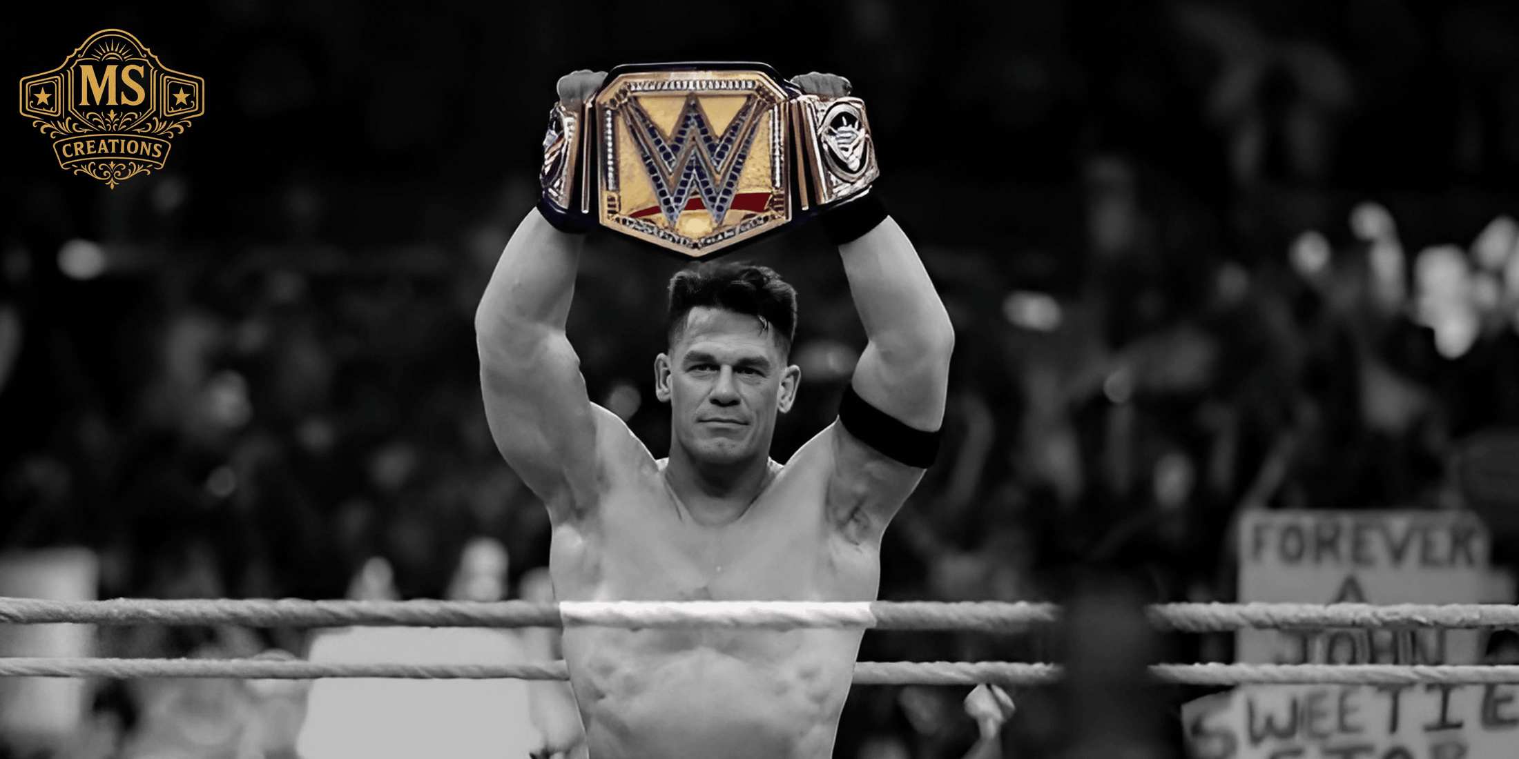 John Cena proudly holding a WWE replica belt in a wrestling ring.