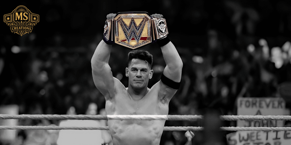 John Cena proudly holding a WWE replica belt in a wrestling ring.