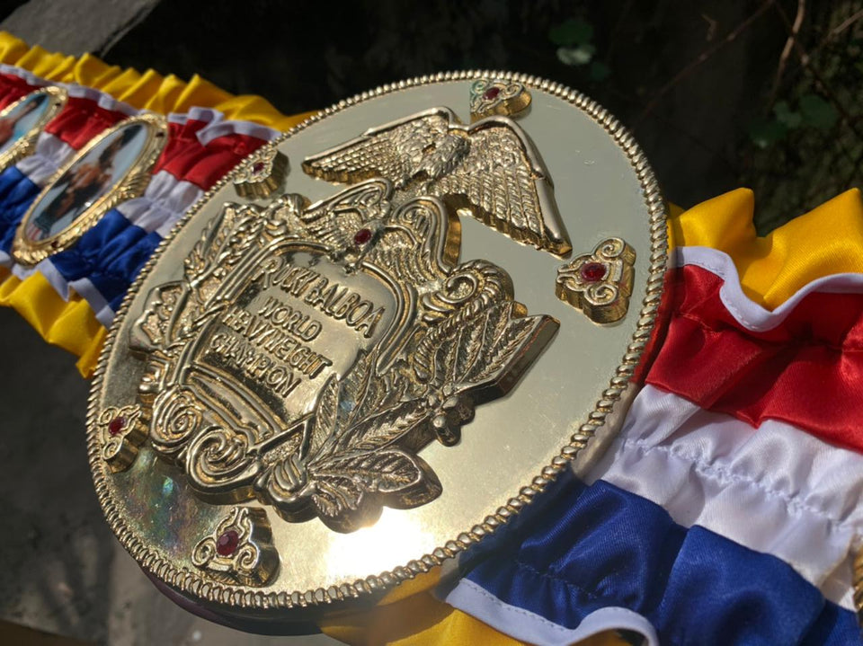 Rocky Balboa World Heavyweight Championship replica belt, centre plate close-up