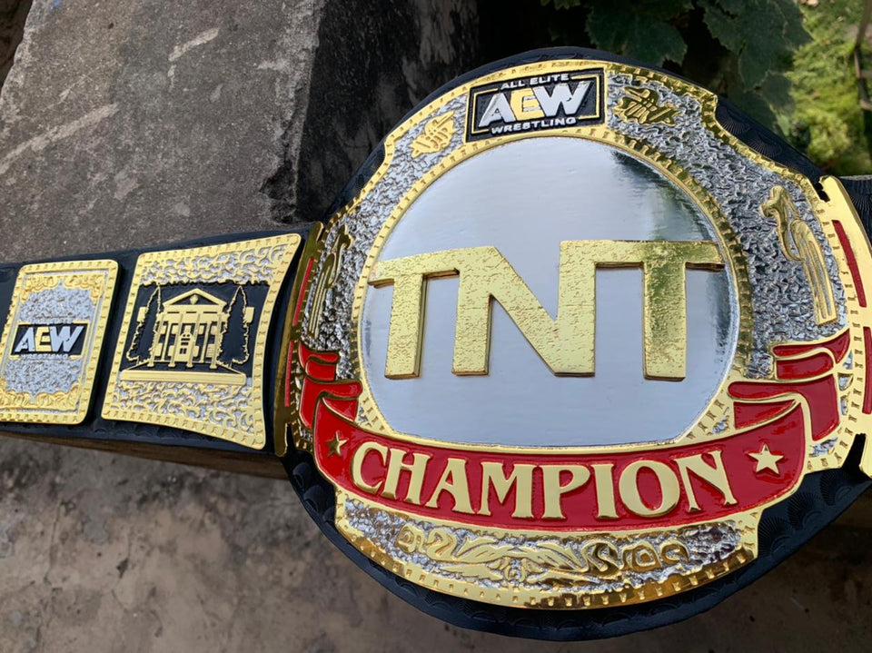 AEW TNT Championship (Black Strap) replica belt, centre plate close-up, photo 4