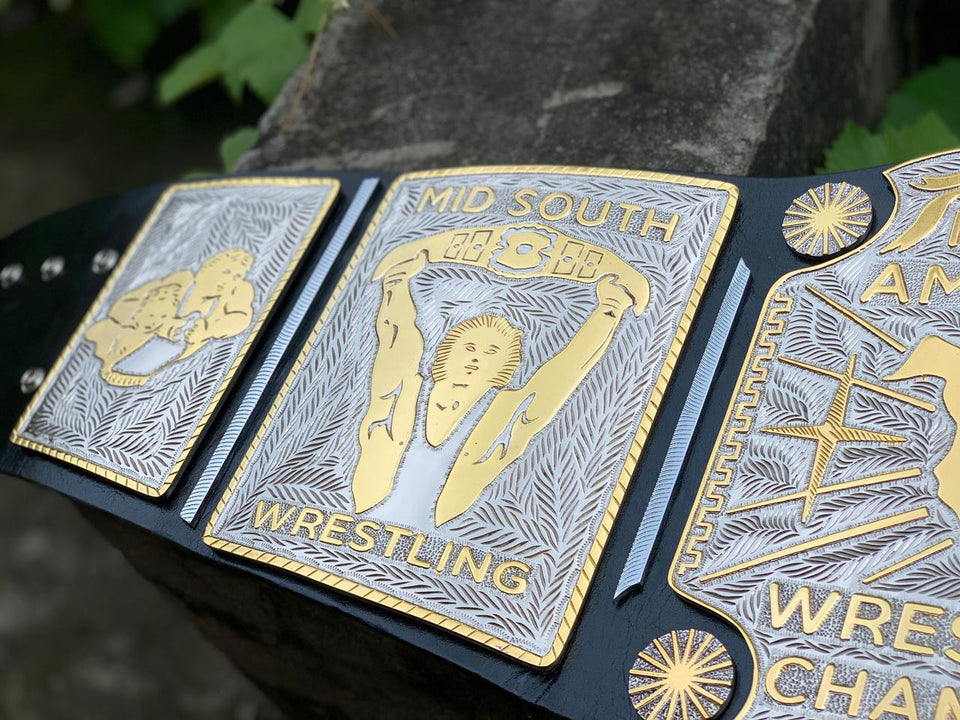 Mid-South North American Championship replica belt, side plate close-up