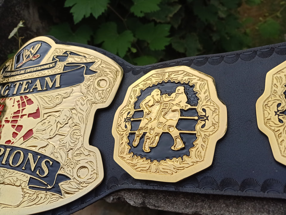 WWE World Tag Team Championship replica belt, centre plate and side plate close-up