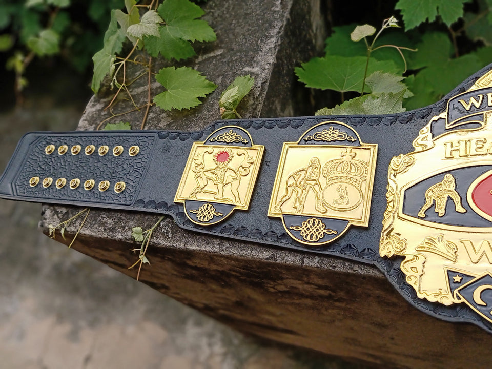 NWA Western States Heavyweight Championship replica belt, side plates and strap end close-up