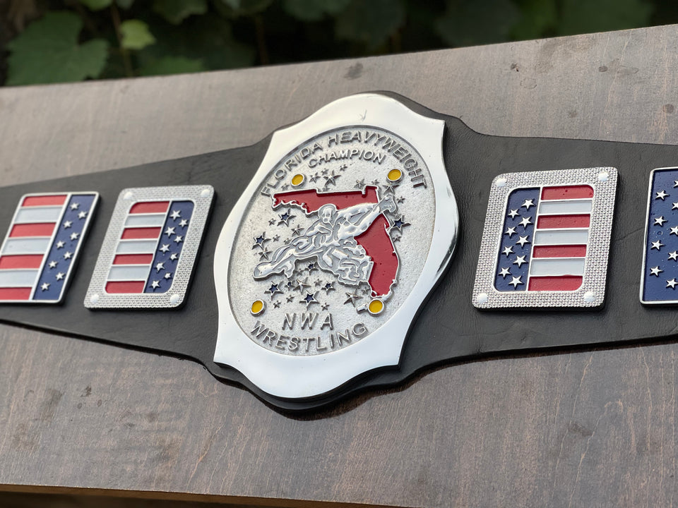 NWA Florida Heavyweight Championship replica belt, centre plate close-up, photo 7