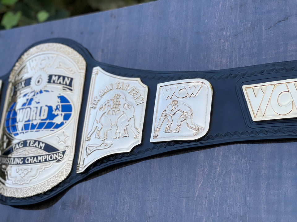 WCW World Six Man Tag Team Championship replica belt, side plates and strap plate close-up