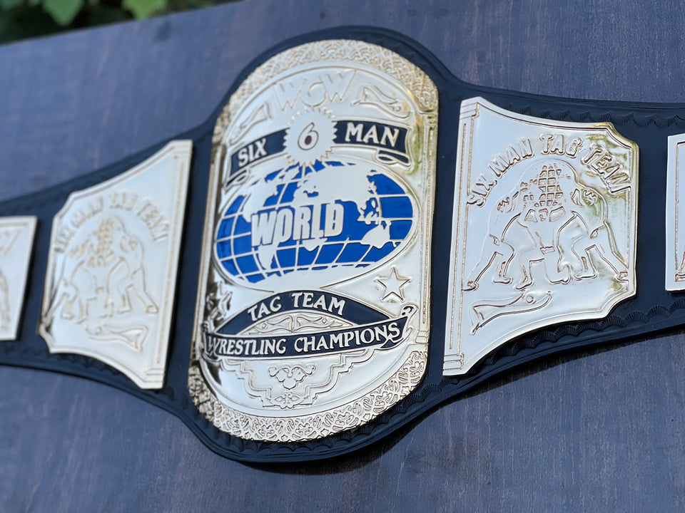 WCW World Six Man Tag Team Championship replica belt, centre plate close-up