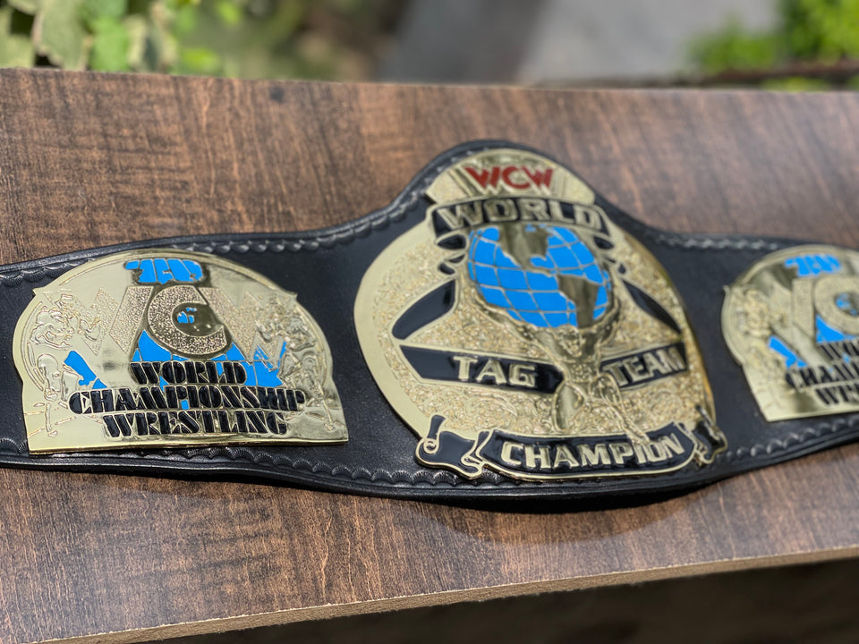 WCW World Tag Team Championship replica belt, side plate and centre plate close-up