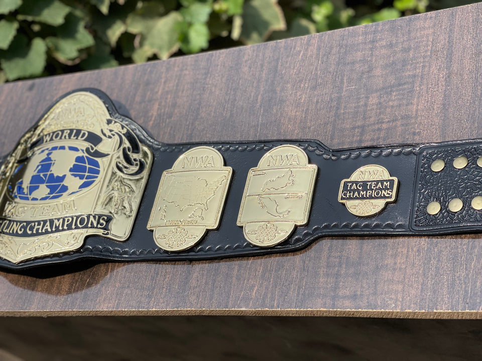 NWA Tag Team Championship replica belt, side plates and strap end close-up