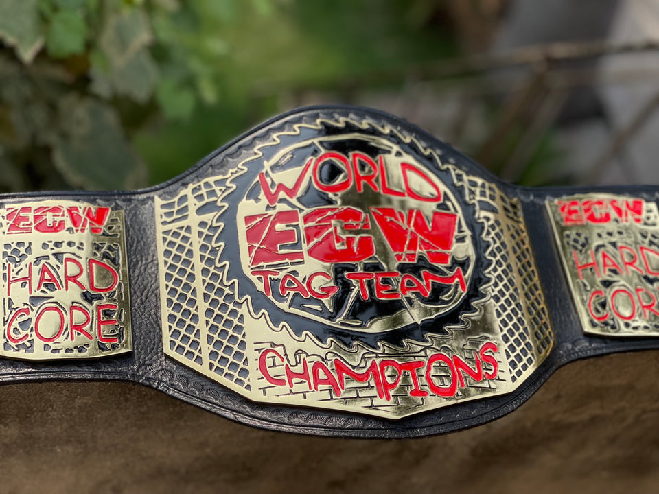 ECW World Tag Team Championship replica belt, centre plate close-up, photo 5
