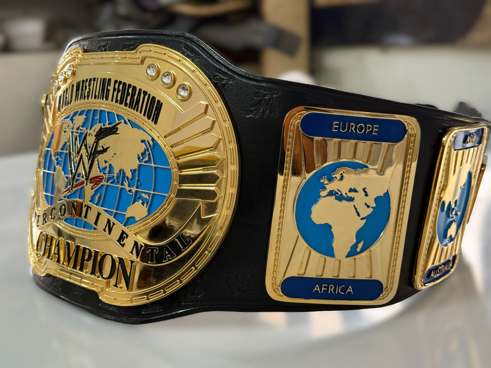 WWF Intercontinental Oval Globe Championship replica belt, centre plate and Europe and Africa side plate